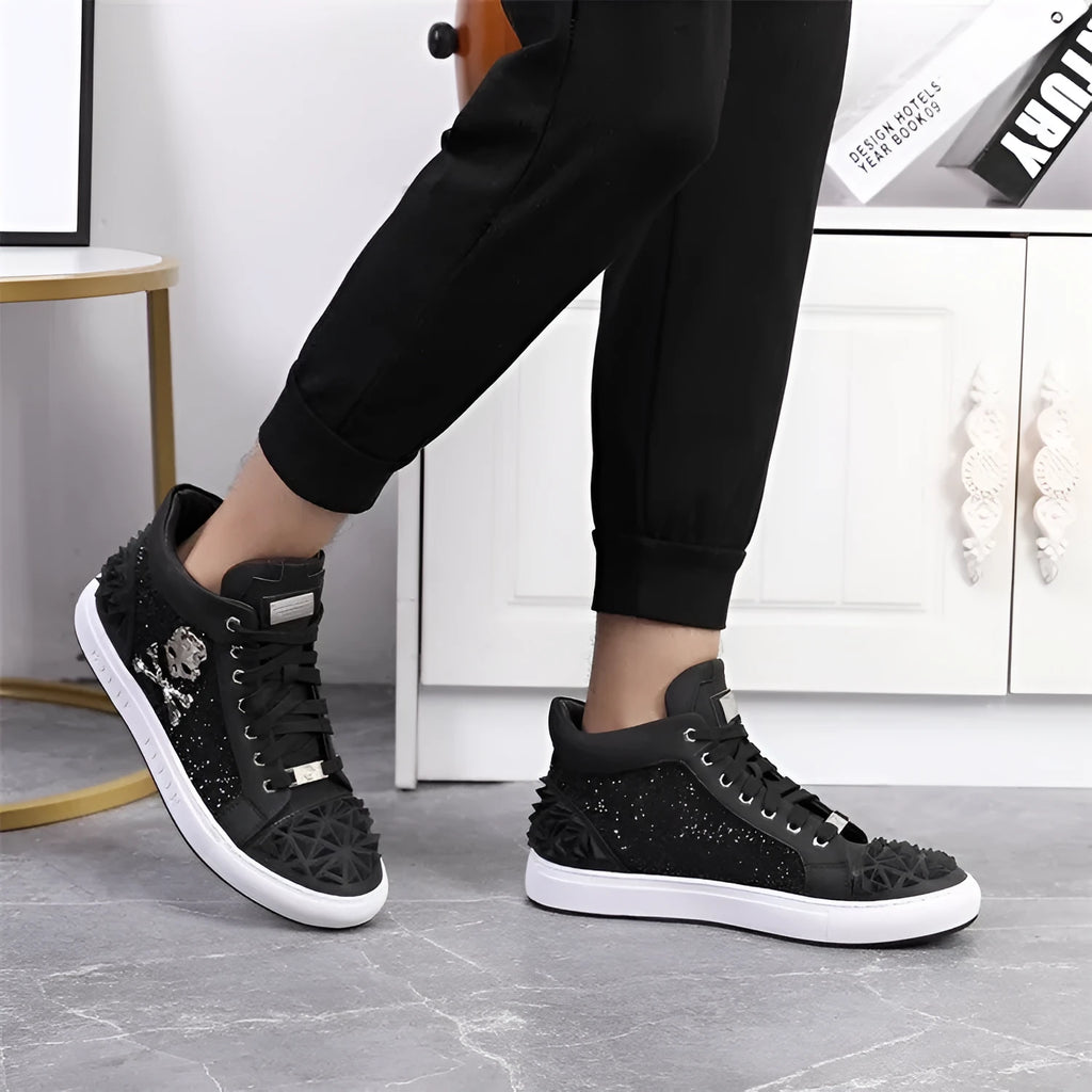 Men's genuine leather skeleton shoes in black high top design with lace-up closure