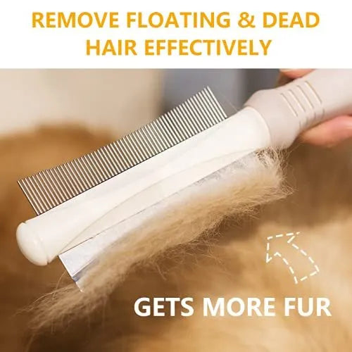 White double-sided pet grooming brush with curved comb and deshedder on an ergonomic anti-slip handle