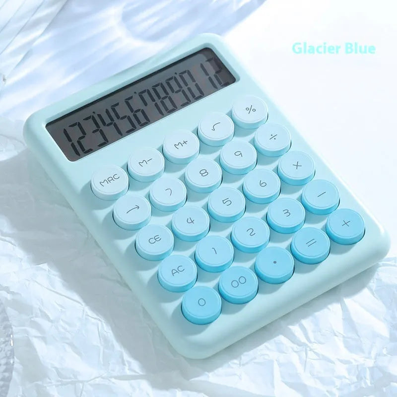 Gradient colour desk calculator showing violet, pink, blue, and green shades on an ABS plastic casing.