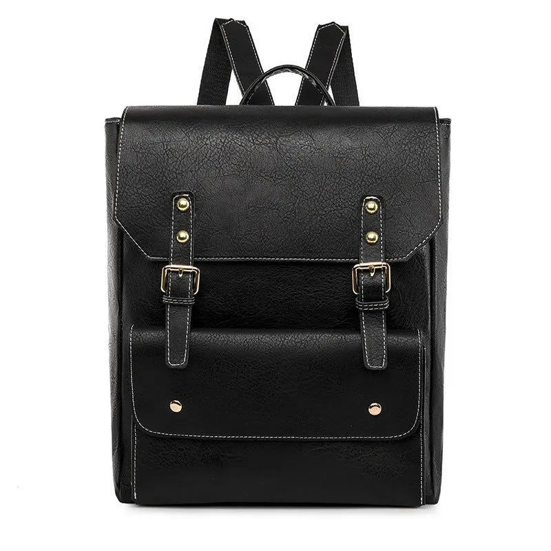 Korean style soft PU retro backpack shown in black, brown, creamy white, and dark brown colours.