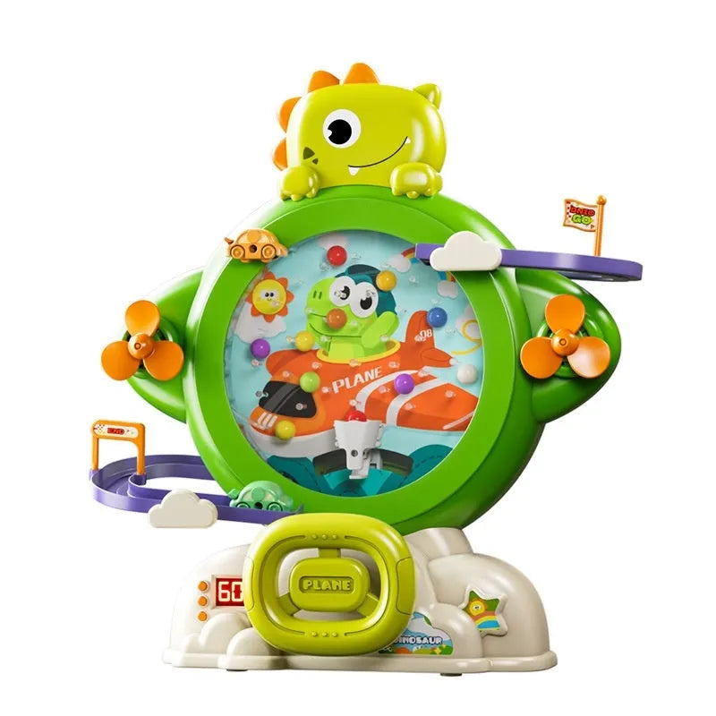 Children's dinosaur bean machine toy with 15 beads and 2 cars in green plastic for indoor play