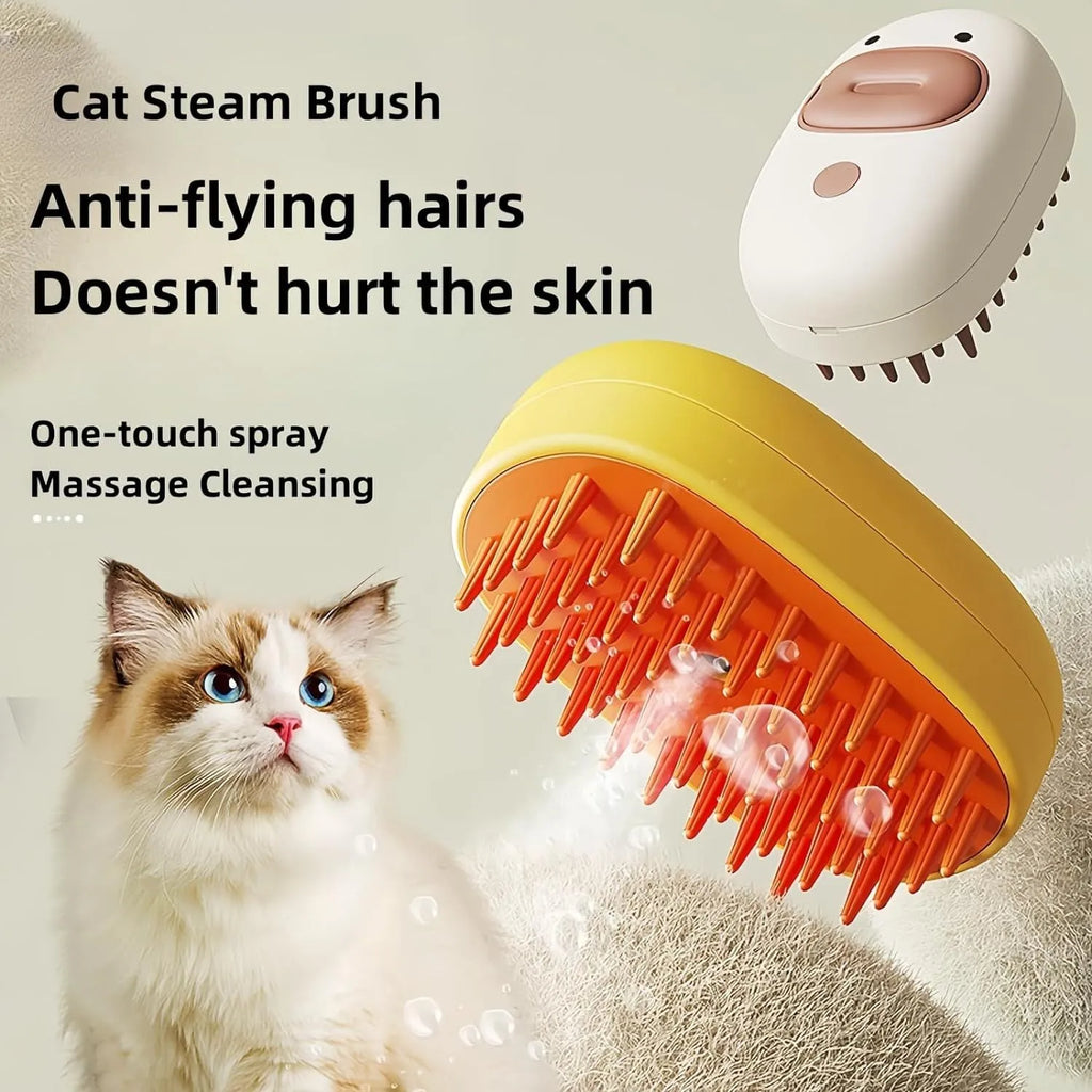 White or yellow rechargeable pet steam brush with water tank for dogs and cats