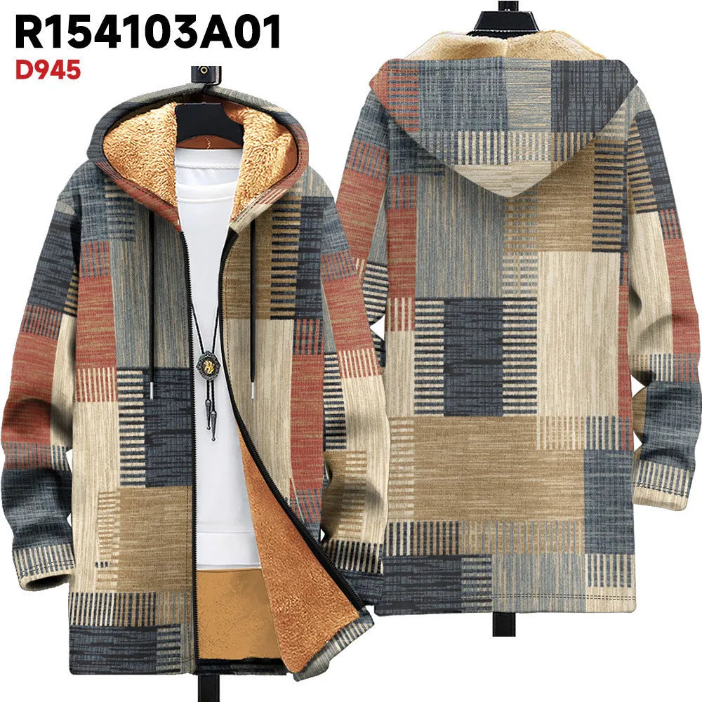Man wearing a multicolour digitally printed hooded cardigan with a full-length front zip