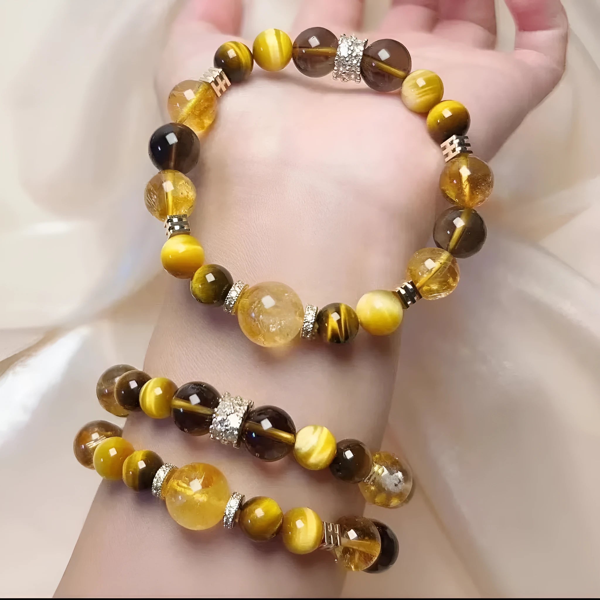 Women's natural yellow 10mm artificial crystal bead bracelet on wrist