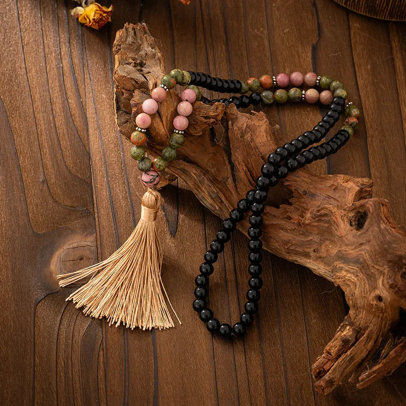 Vintage tassel bohemian style natural stone beaded long sweater chain with geometric round beads and matching bracelet