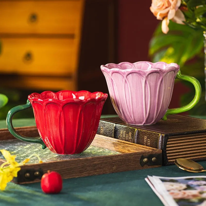 Red and purple ceramic breakfast cups with floral pastoral patterns, 500ml capacity.