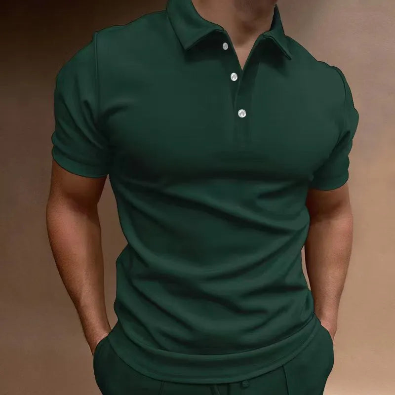 Men's grey cotton blend button t-shirt with short sleeves and a loose fit on a hanger.