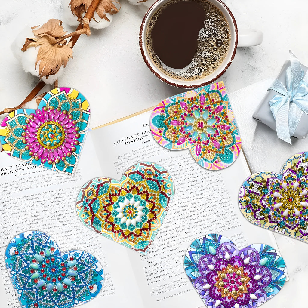 Handmade PU leather bookmark set with stick-on crystals and flower cornerite decorations