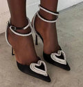 Women's heart-shaped rhinestone sandals with satin upper and pointed toe in pink, black and white colour options