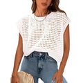 White women's sweater with crochet detail on sleeves and round neck
