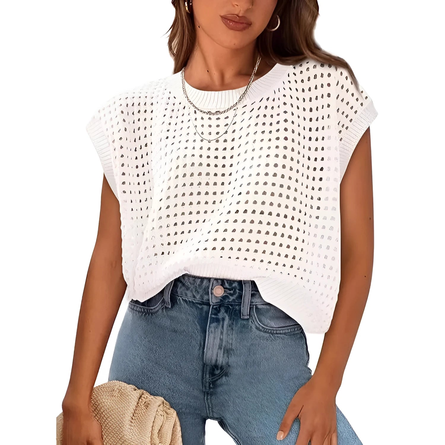 White women's sweater with crochet detail on sleeves and round neck