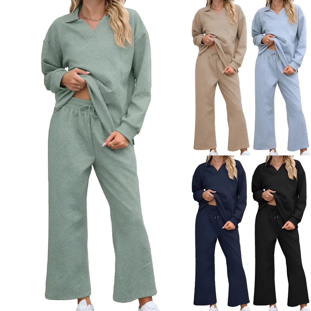 Women's black knitted jacquard two-piece suit with geometric pattern long sleeve sweater and elastic waist trousers
