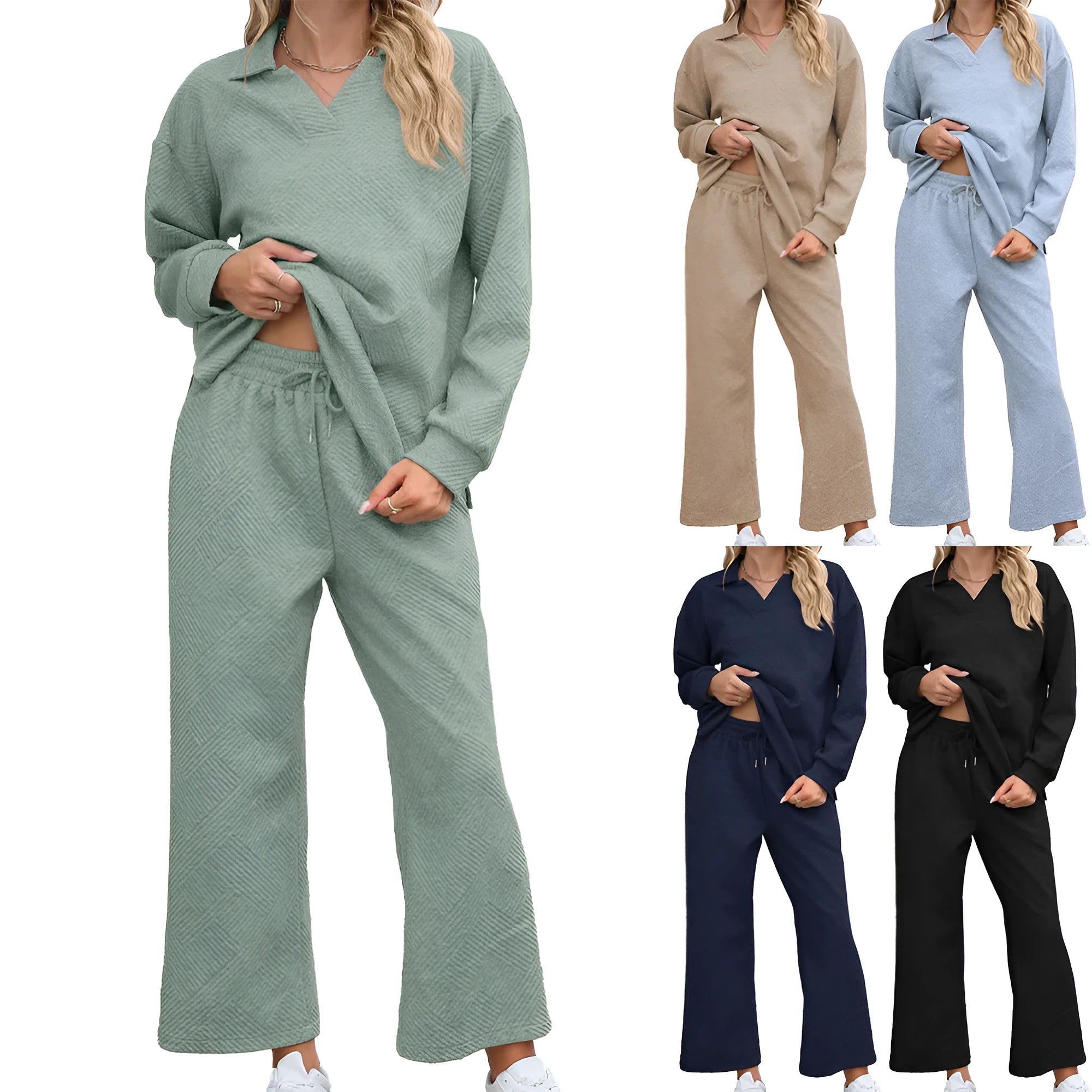 Women's black knitted jacquard two-piece suit with geometric pattern long sleeve sweater and elastic waist trousers