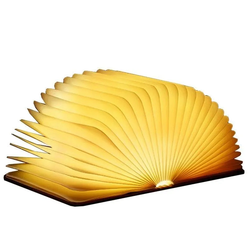 Leather folding small night lamp with tricolour lighting in book style, shown in wood grain finish