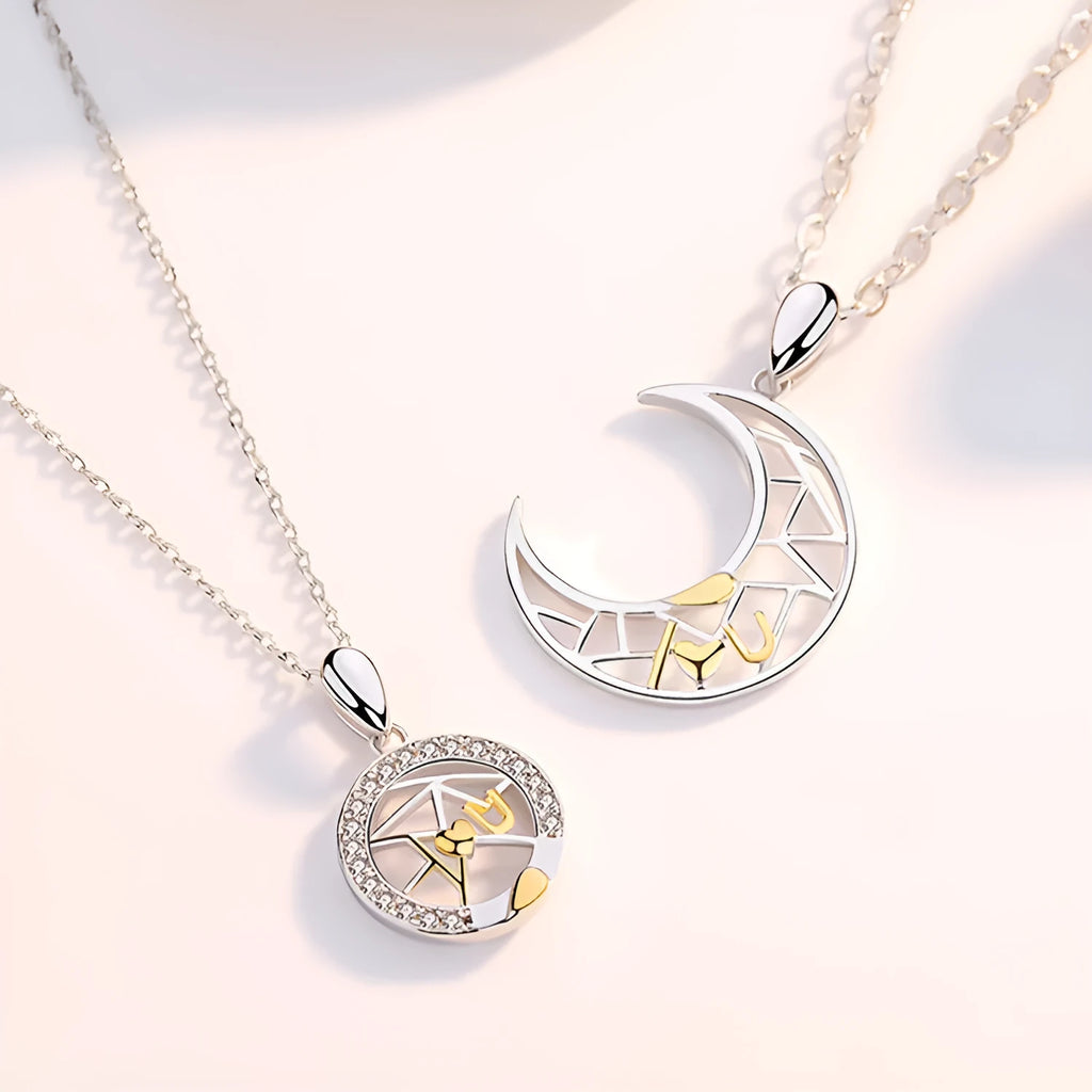 Sun moon tooth couple necklace with copper pendant and cross chain, male and female colour variants