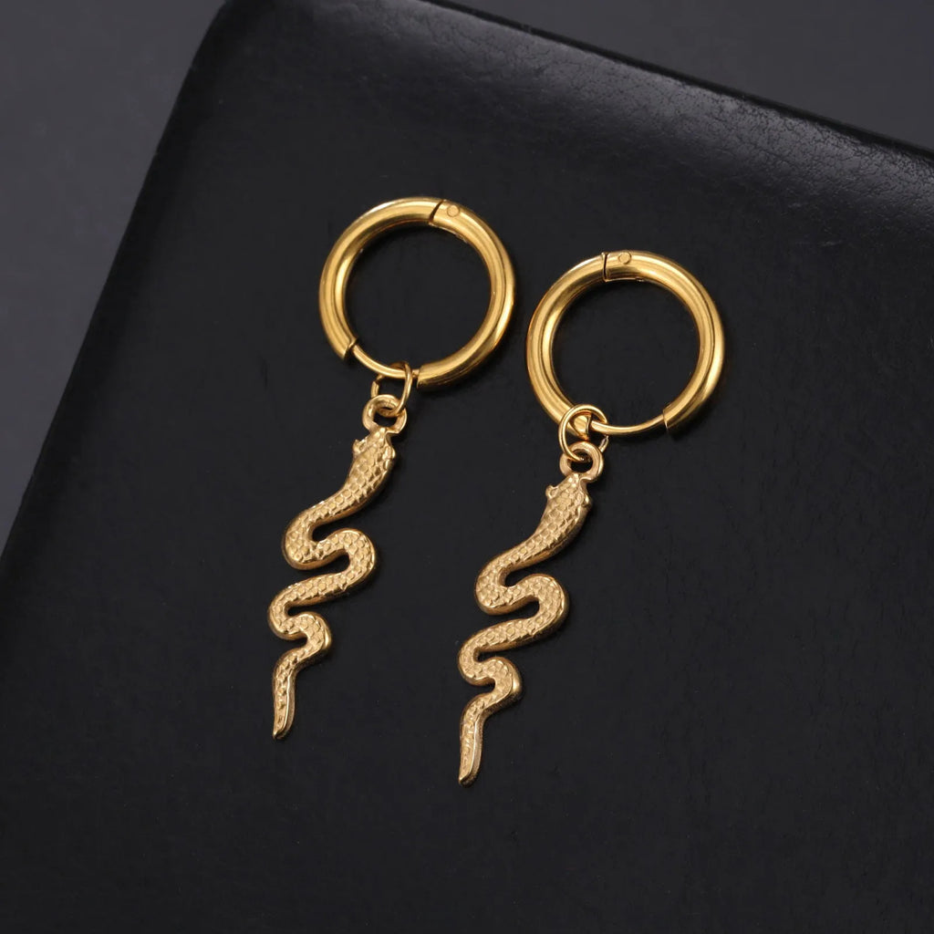 Stainless steel vintage snake-shaped clip-on earrings with gold plating.