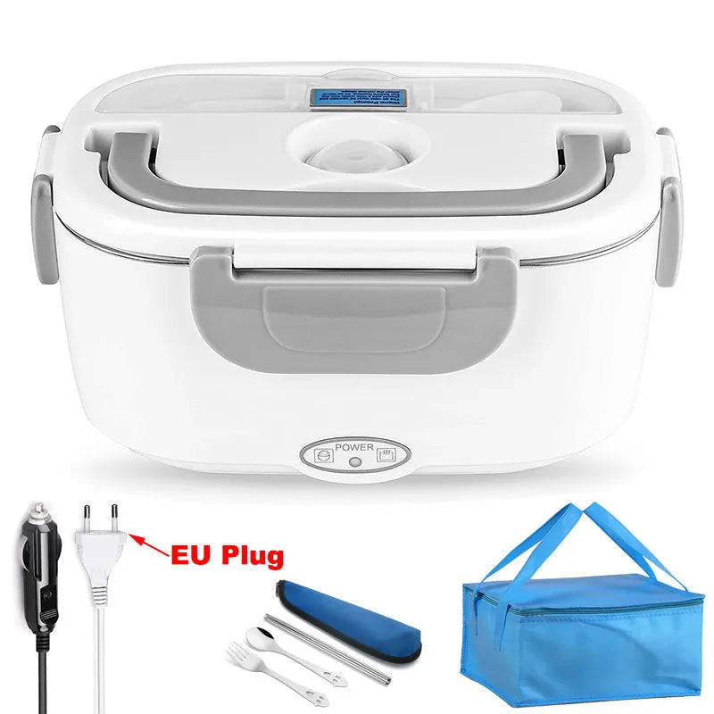 Grey plastic electric lunch box with stainless steel inner liner showing mechanical control dial