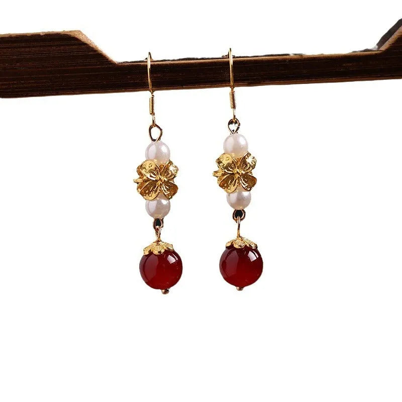 Vintage court style alloy earrings with geometric shape and electroplated finish for Han Cheongsam costume wear