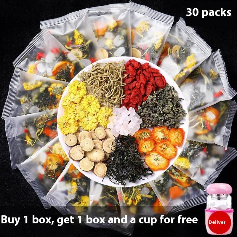 Box of honeysuckle chrysanthemum tea with 15 individual sachets, net weight 150g.