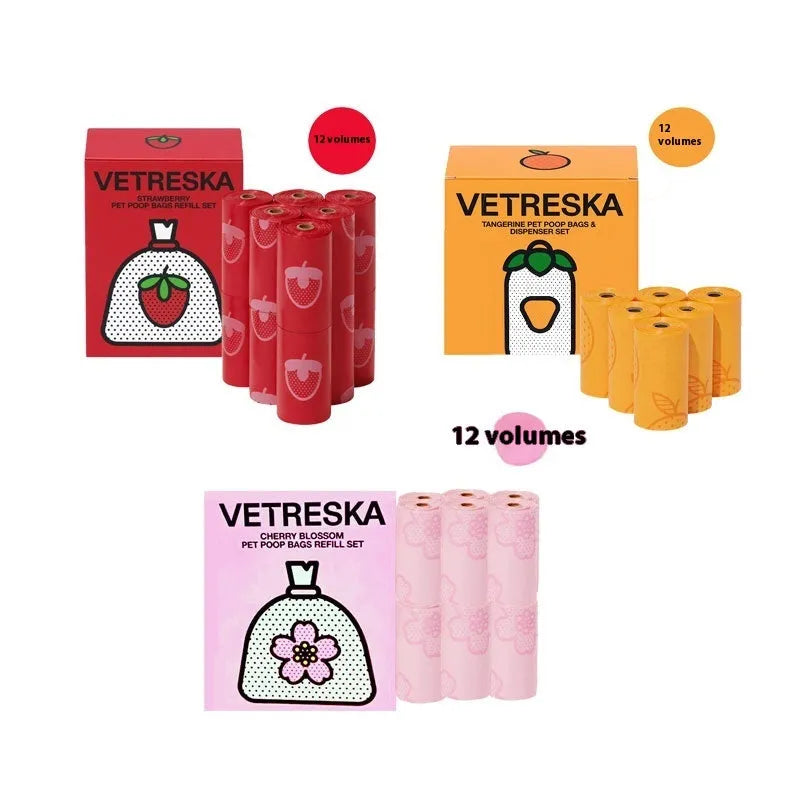Thickened dog poop bag dispenser capsule with scented inner bag roll in strawberry, orange or cherry blossom styles