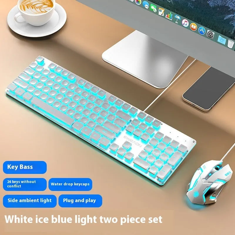 Mute mechanical keyboard with LED lighting and matching wired mouse in silver white blue colour combination