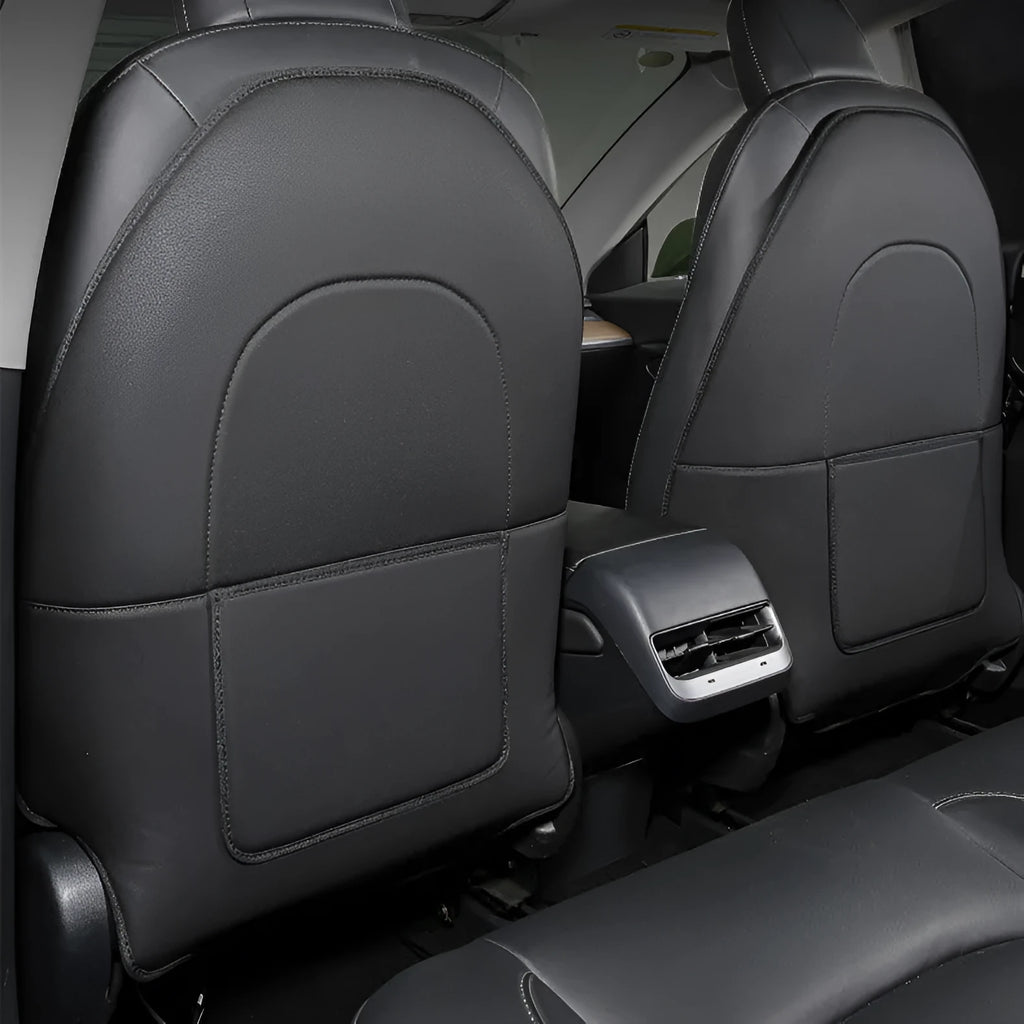 Black leather anti-kick pad for car rear seat protection with centre pocket.