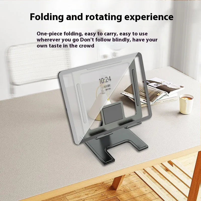 Flat desktop foldable rotating metal bracket for notebook in black alloy finish on desk