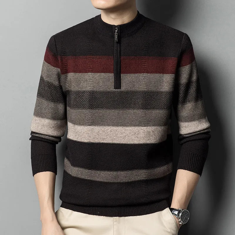 Men's contrasting striped pure wool knitted sweater in dark gray, slim fit pullover style, long sleeves