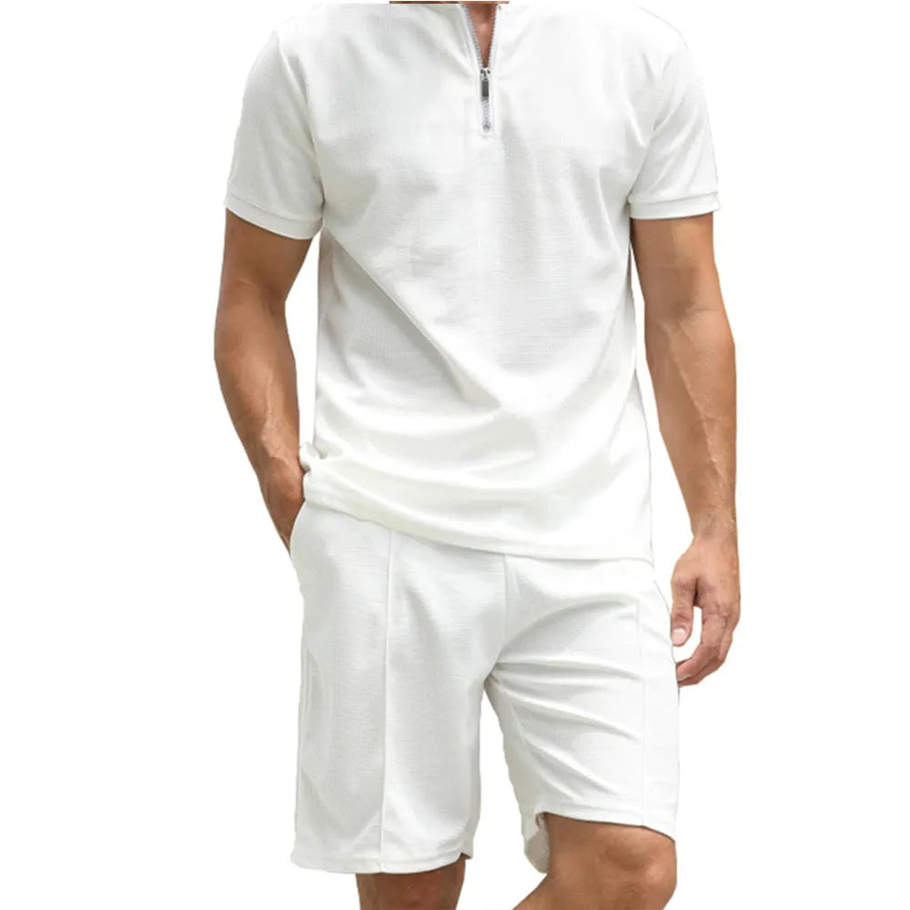 Men's solid colour polo shirt two-piece suit set in beaded bird's eye polyester fabric