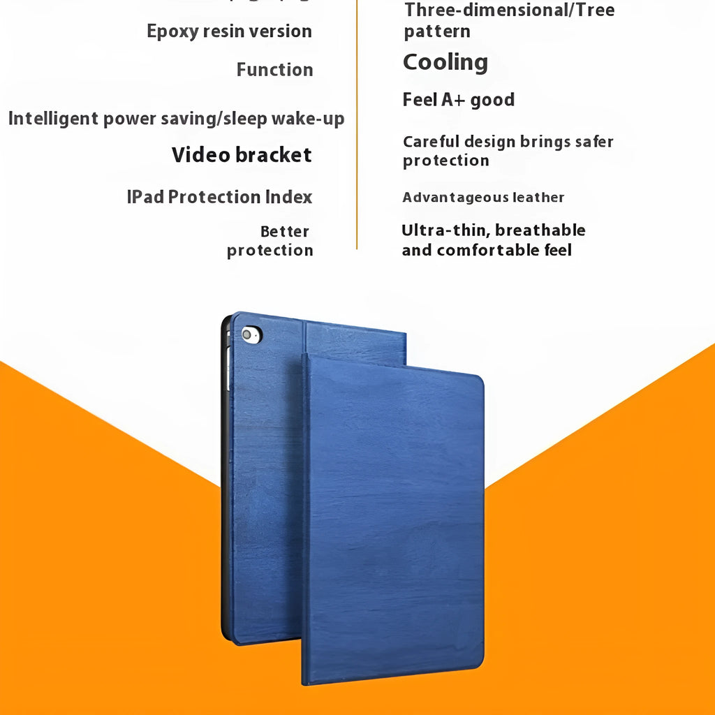 Universal iPad protective cover with sleep bracket in imitation leather, shown in sapphire blue and black colour options