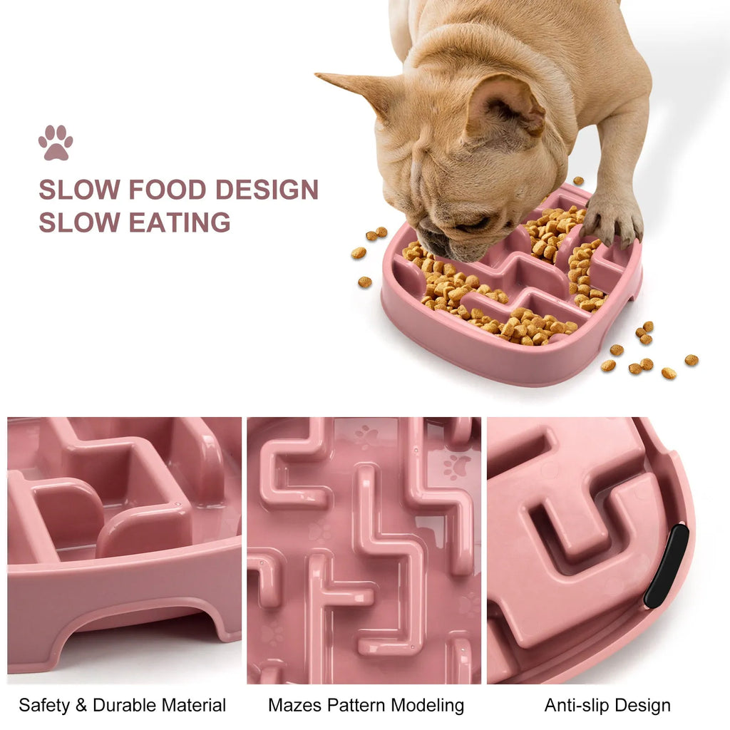 Square macaron blue slow feed bowl with maze pattern for dogs and cats
