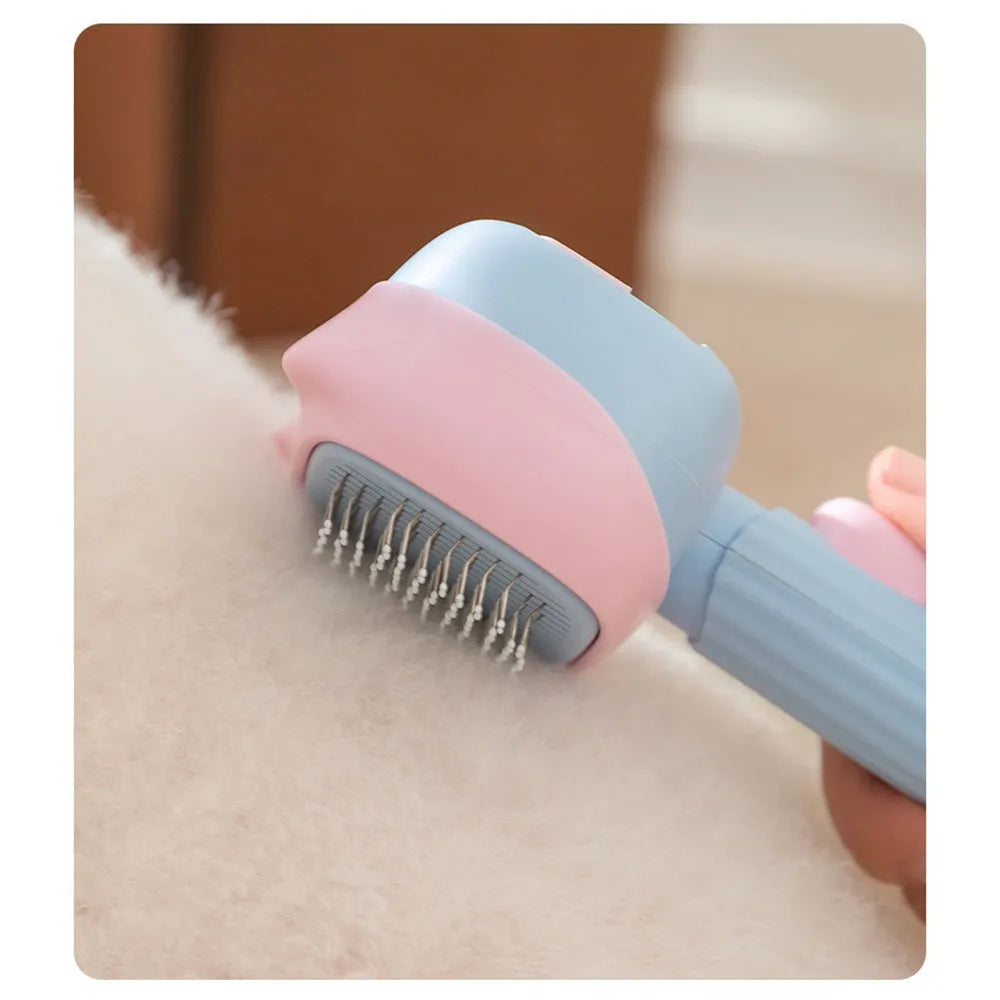 Blue double-sided pet grooming brush showing deshedding rake and dematting comb on a 195mm long handle.