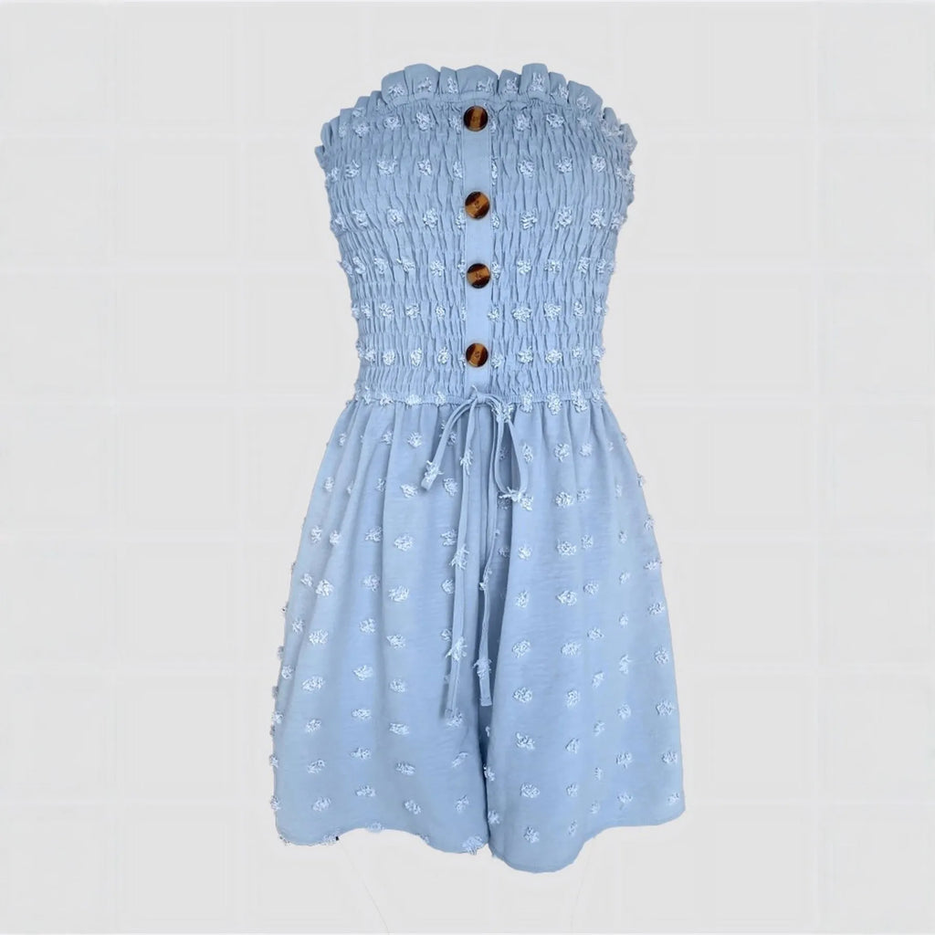 Women's off-shoulder sleeveless jumpsuit in blue solid colour with button detail