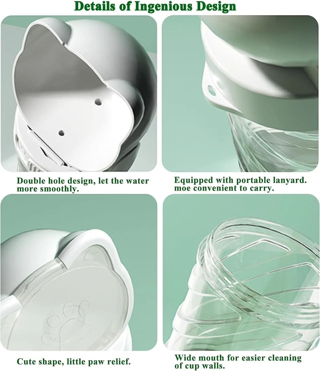 Green 3-in-1 portable pet water bottle with food container and waste bag dispenser on a strap.