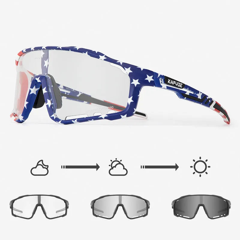 Photochromic sports sunglasses with semi-rimless TR90 frame for cycling.