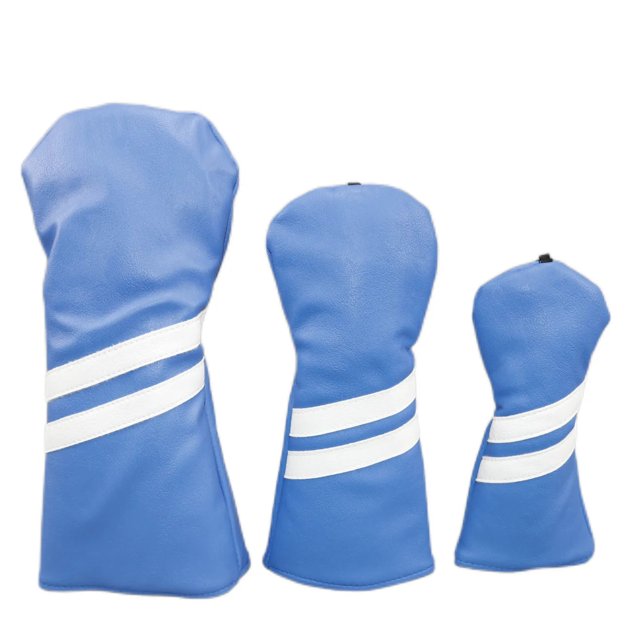 A striped PU leather golf club head cover for wood clubs, shown in blue, with size and colour options.