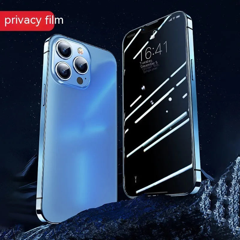 Tempered glass screen protector with privacy speed sticker box for iPhone showing alignment tray and three finish options