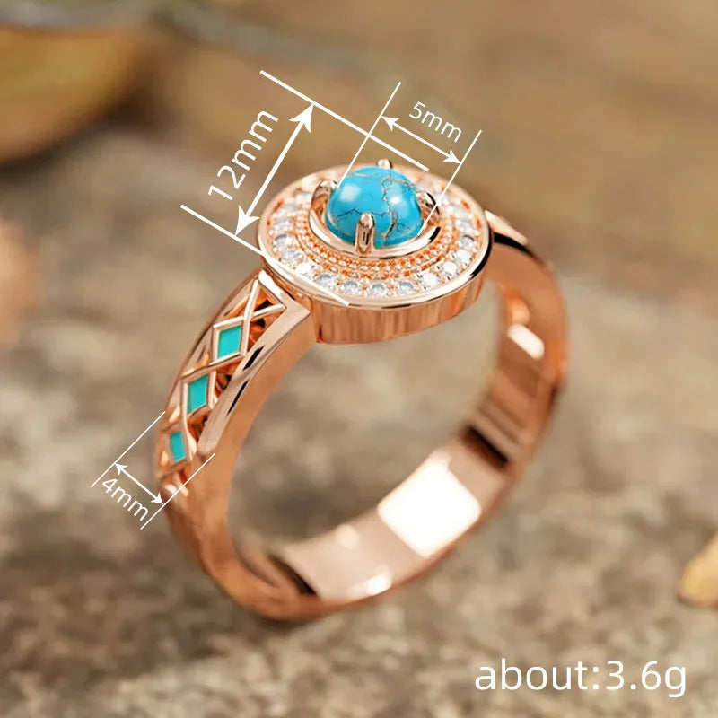Women's turquoise ethnic style ring with geometric quadrangle design in rose gold on copper
