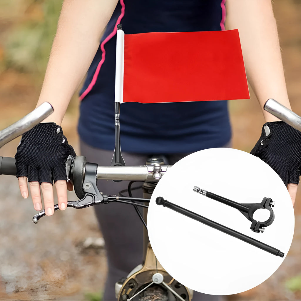 Cycling handlebar flag pole with square polyester flag attached to bicycle