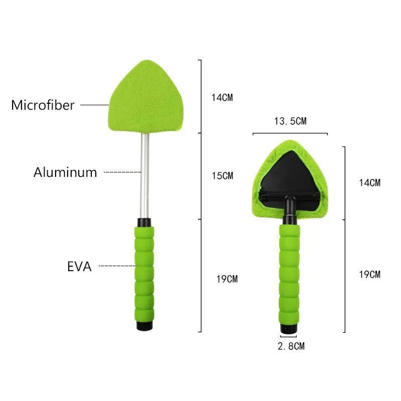 A plastic car windscreen cleaning brush with a long handle, shown in red, green, and blue colour options.