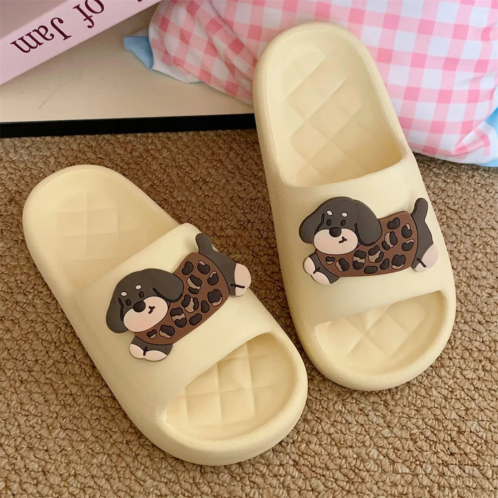 Pair of EVA flip flop sandals for couples in leopard puppy print, showing thickened sole.