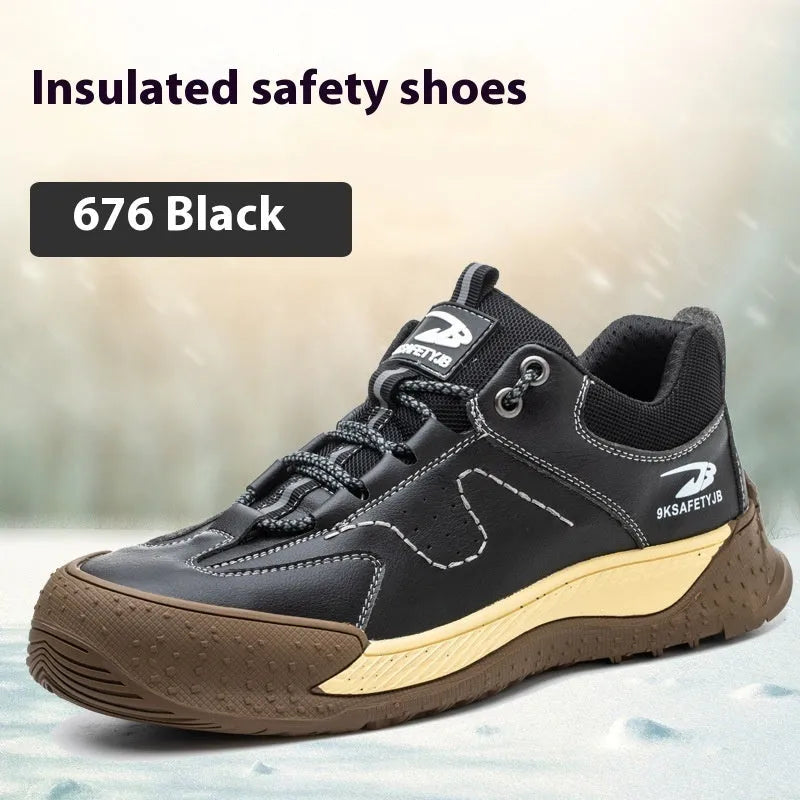 Flyknit safety work shoe with leather upper and rubber sole in black colour