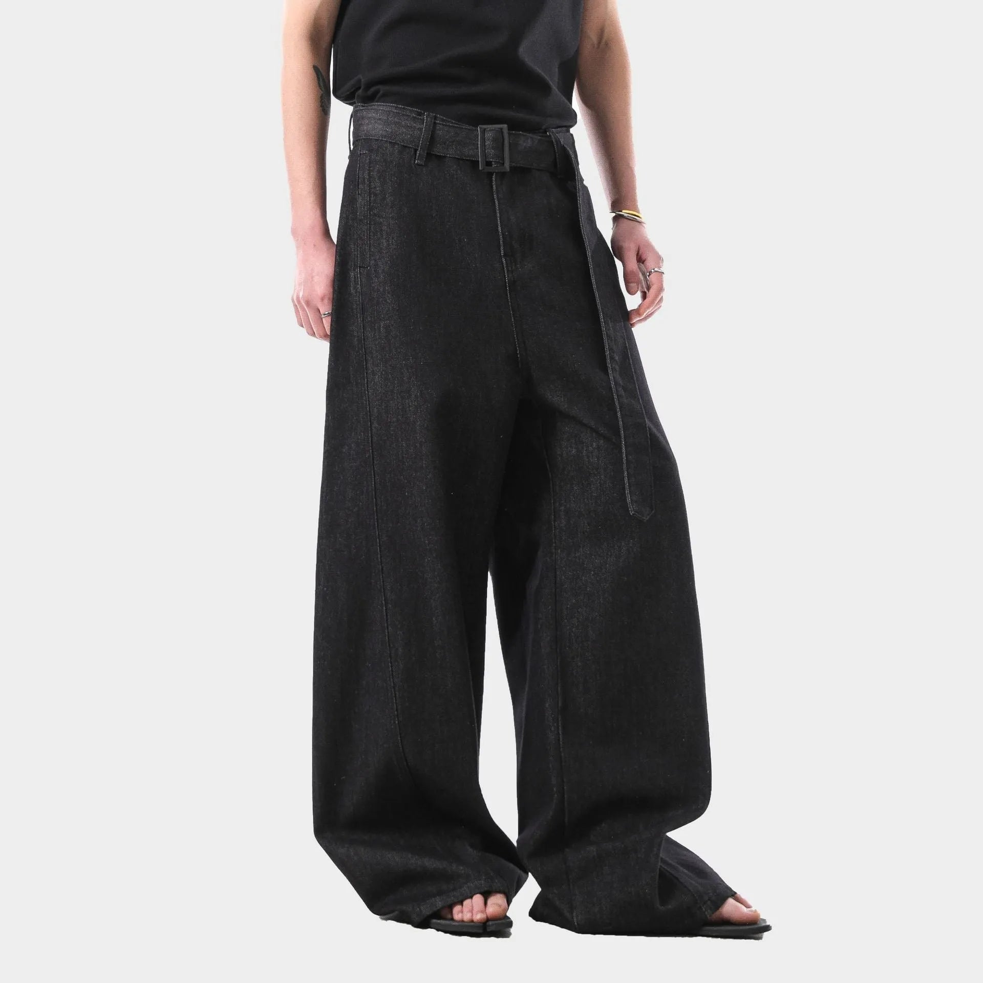 Black high waist straight leg jeans with zip fly on mannequin