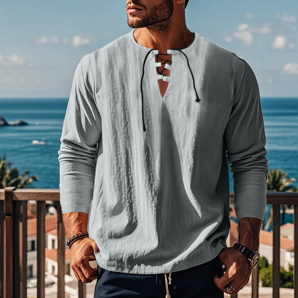 Cotton linen beach shirt in solid colour with loose pullover design showing size options