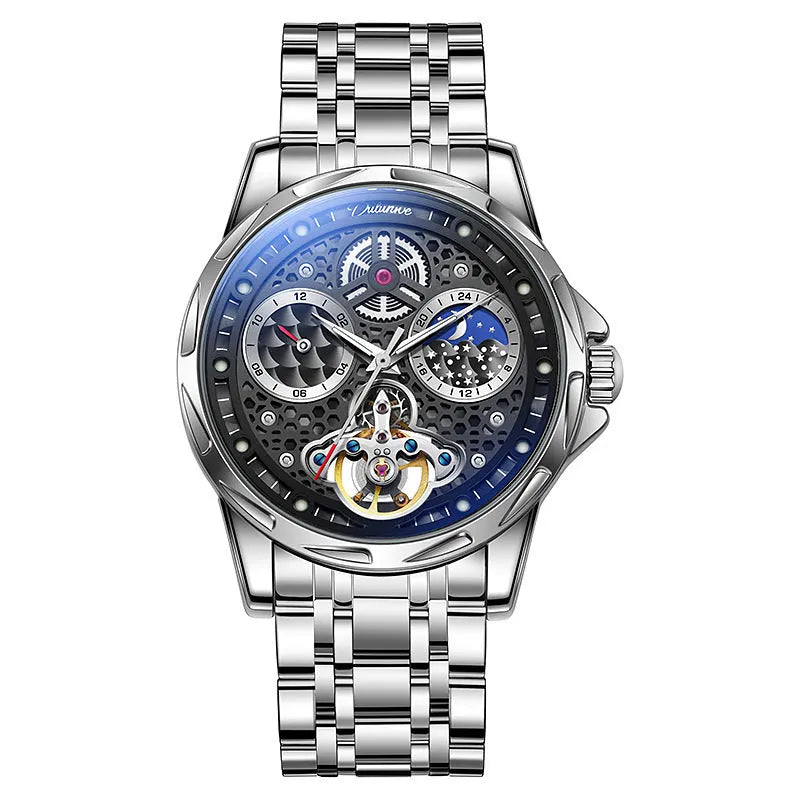 Men's black and white automatic waterproof business watch with steel or leather strap
