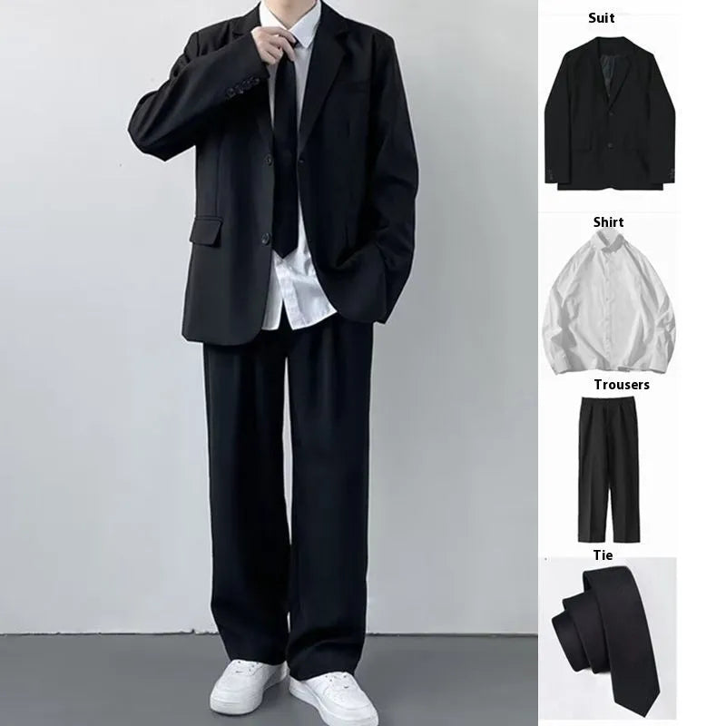 Plus size men's suit jacket set with trousers, shirt and tie in college style loose fit