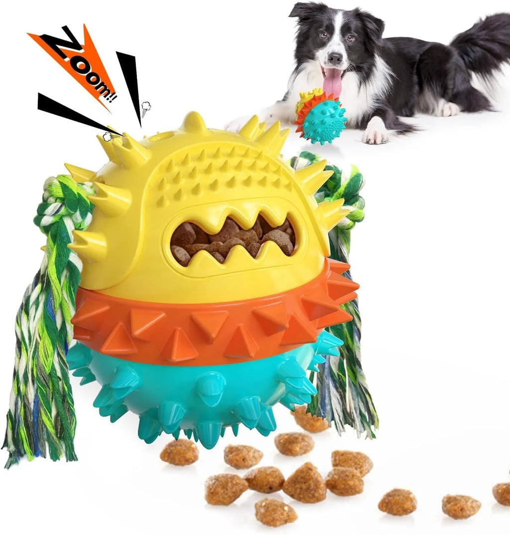 Blue and red TPR rubber squeaky dog ball with rope tug and treat dispenser hole.