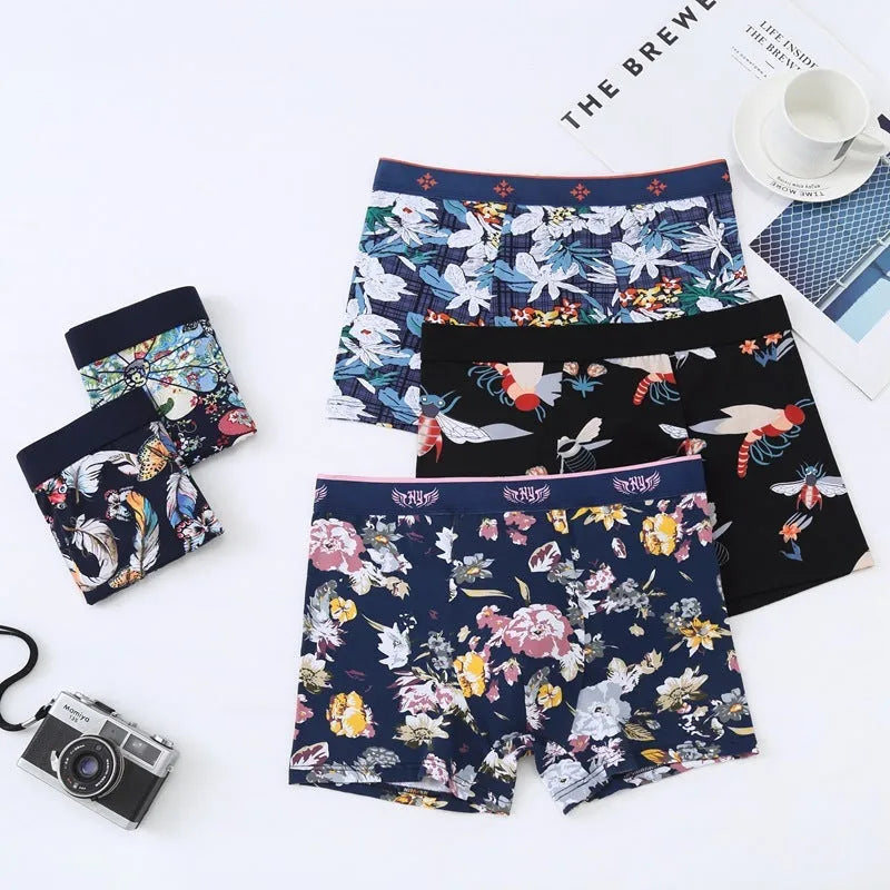 Men's cotton boxer underwear with U-shaped support in floral pattern colours including delicate rose
