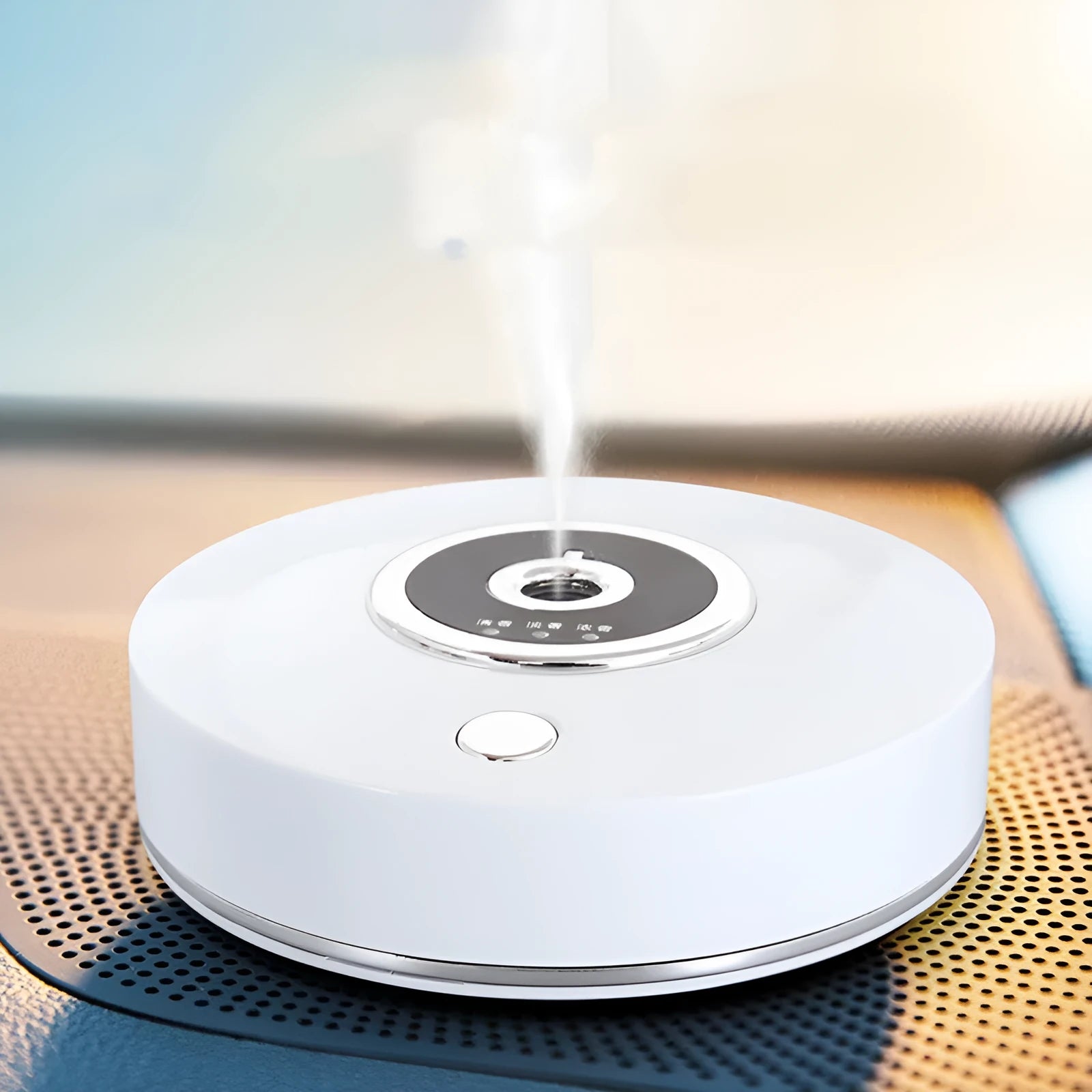 USB-powered intelligent car air freshener diffuser in black plastic housing with charging cable
