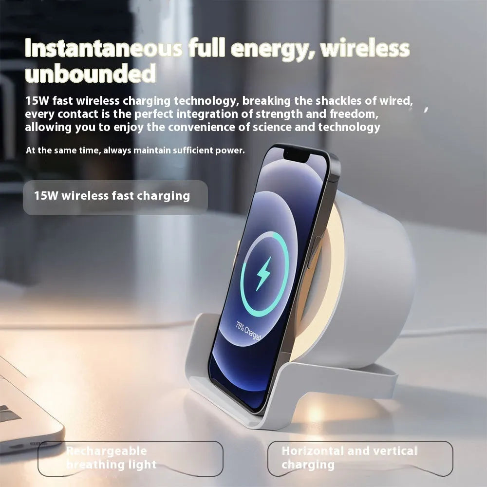 Multi-function wireless charger Bluetooth speaker night light phone holder in white, straw, and black colours, 137.5x170x92mm